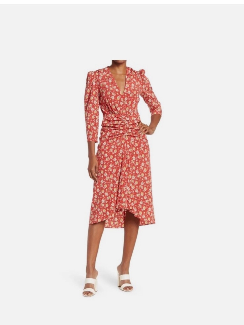 Veronica Beard Mary Silk Ditsy Floral Ruched Midi Dresss - Picture 3 of 6